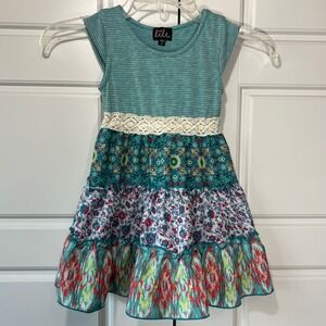 Lilt Teal Tiered Dress Striped‎ Top Ribbon Boho Casual Girls Size 4